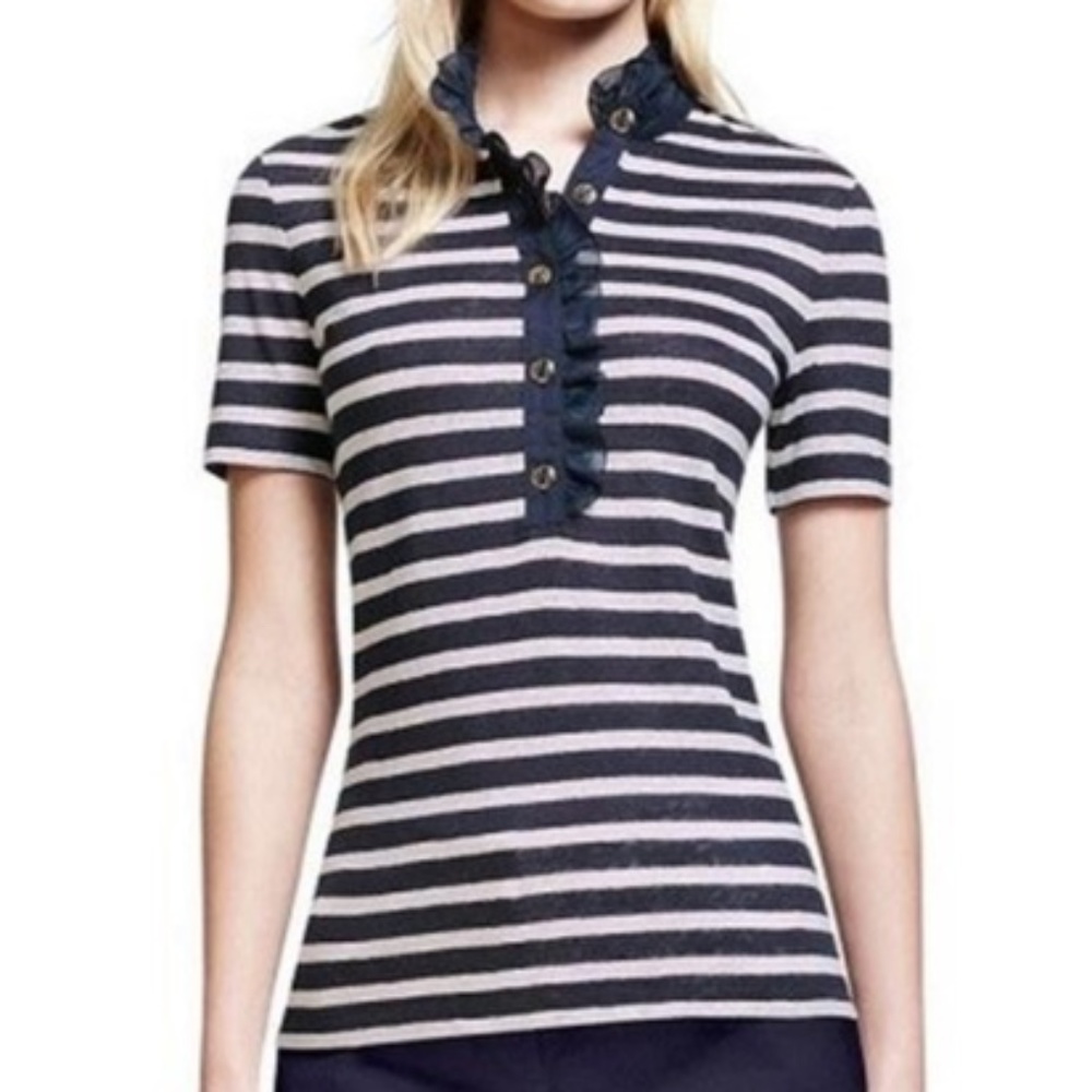 Tory Burch Lidia Linen Striped Ruffle Trim Navy and White Shirt Size Medium